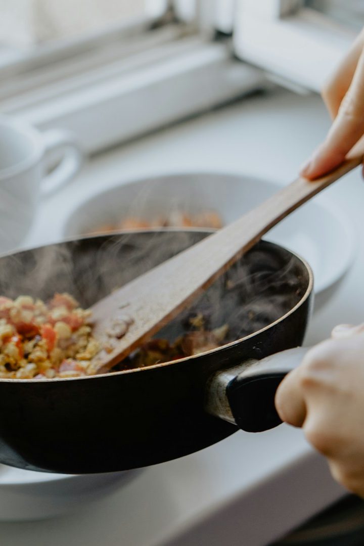 Cooking dinner Cooking in a frying pan
