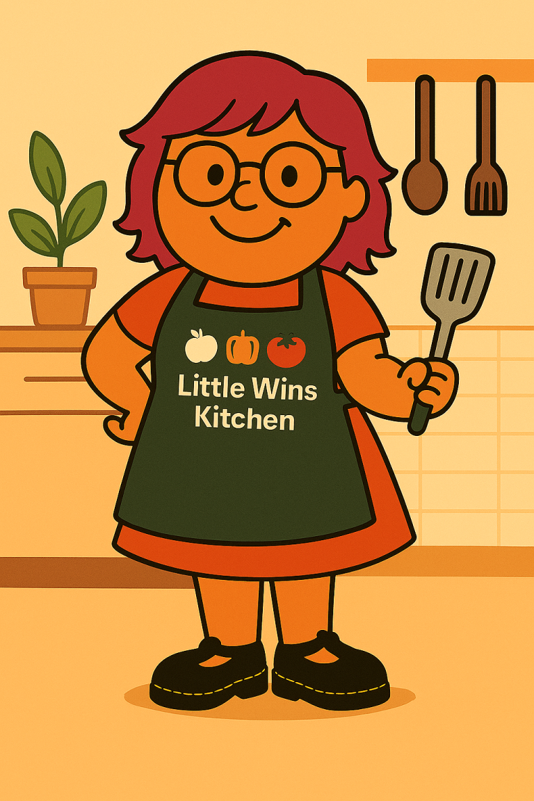 Little wins Kitchen Cartoon of Mrs Cresswell hiding a spatula with an apron on